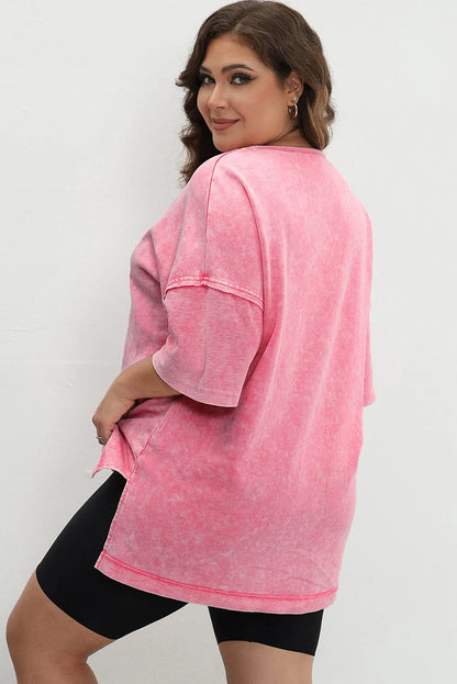 Strawberry Pink Mineral Wash Drop Sleeve Patchwork Plus Tee - Chic Meadow Boutique 