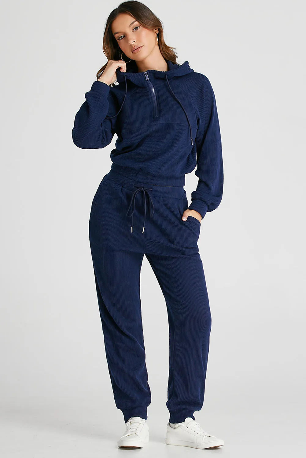 Navy Blue Ribbed Knit Cropped Hoodie and Drawstring Joggers Set - Chic Meadow Boutique 