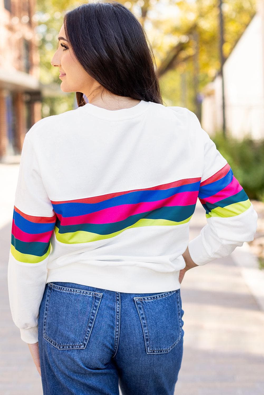 Tops/Long Sleeve Tops White Colorful Striped Accent Long Sleeve T Shirt