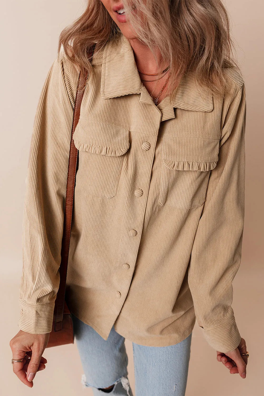 Light French Beige Solid Frilled Flap Pocket Button Up Corduroy Shacket - Chic Meadow Boutique 