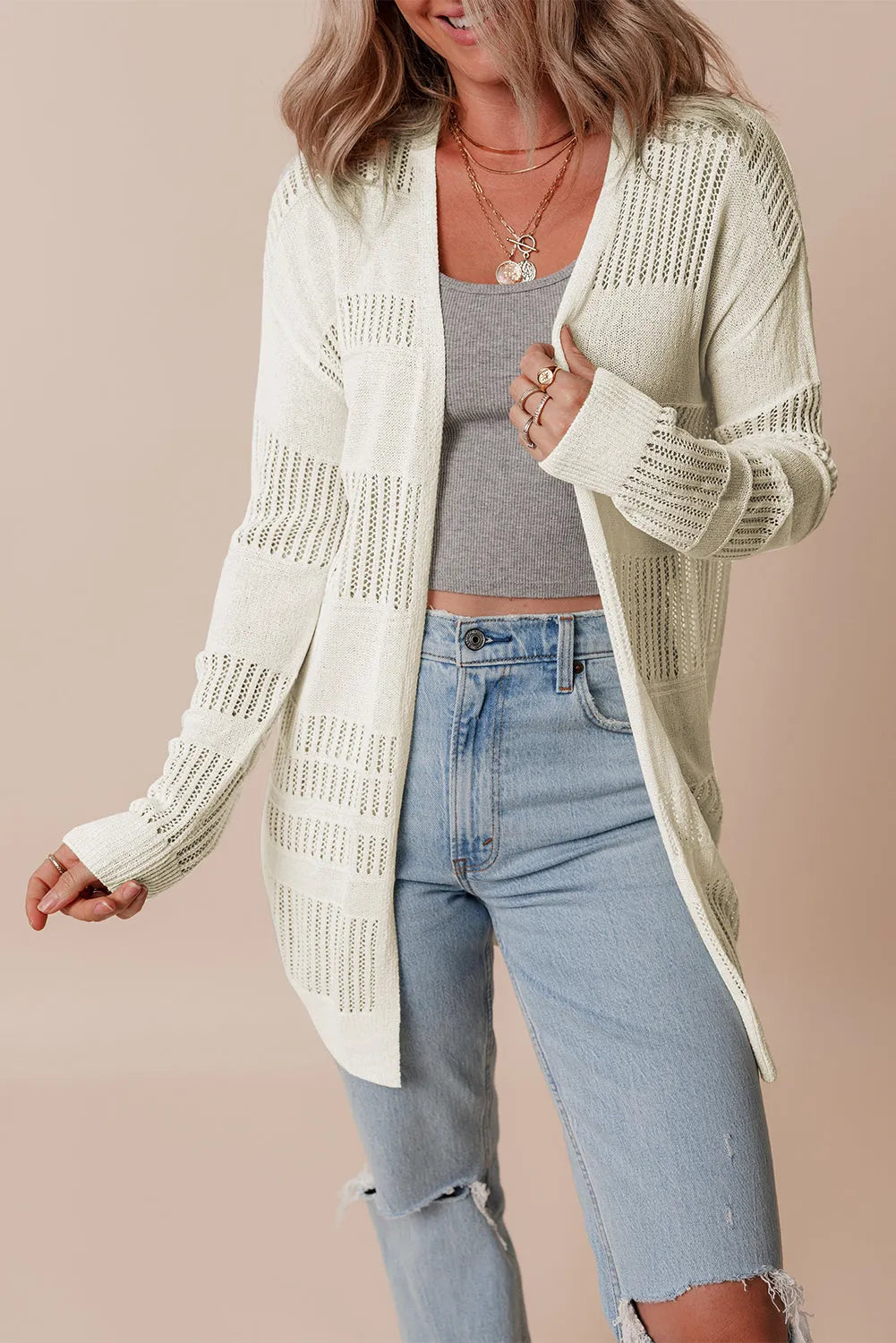 White Solid Color Lightweight Open Knit Tunic Cardigan - Chic Meadow Boutique 