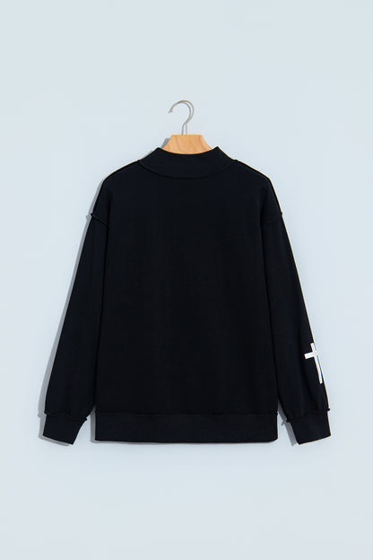 Black CHRIST IS KING Embroidery High Neck Baggy Sweatshirt