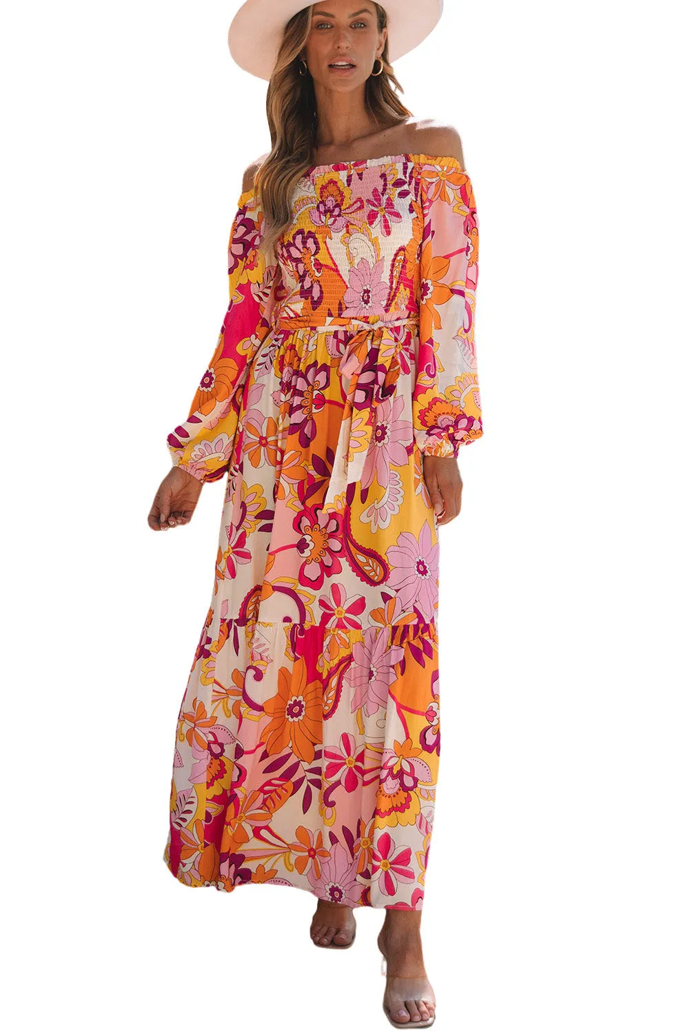 Multicolour Boho Floral Smocked Off Shoulder Puff Sleeve Maxi Dress - Chic Meadow Boutique 