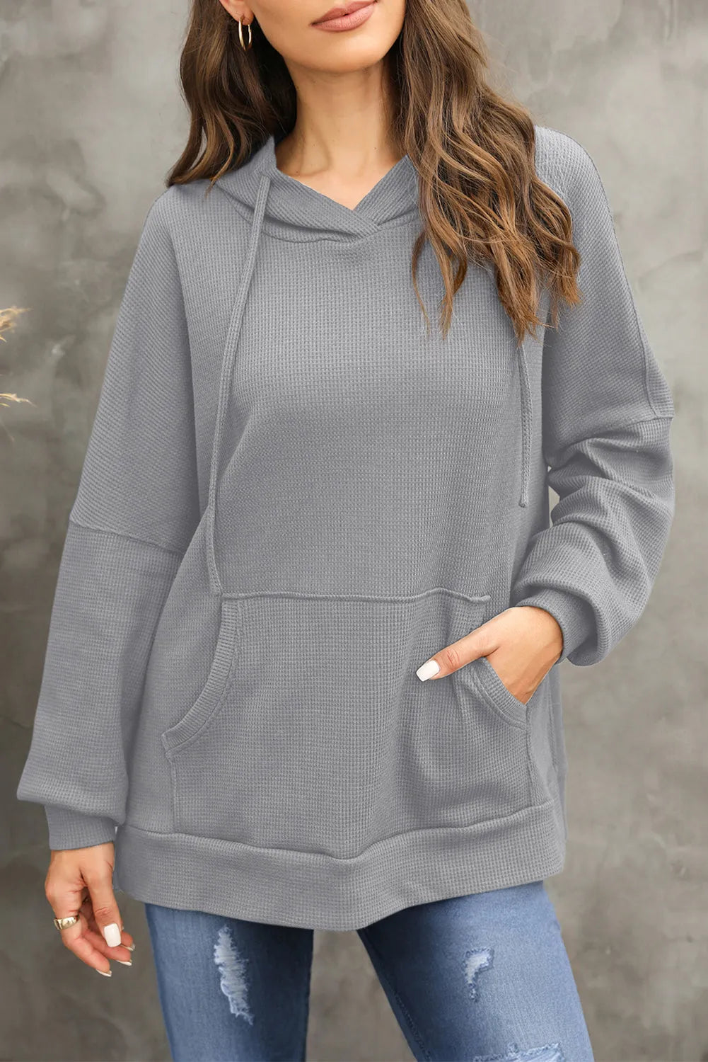 Gray Waffle Knit Fleece Lined High Low Oversized Hoodie - Chic Meadow Boutique 