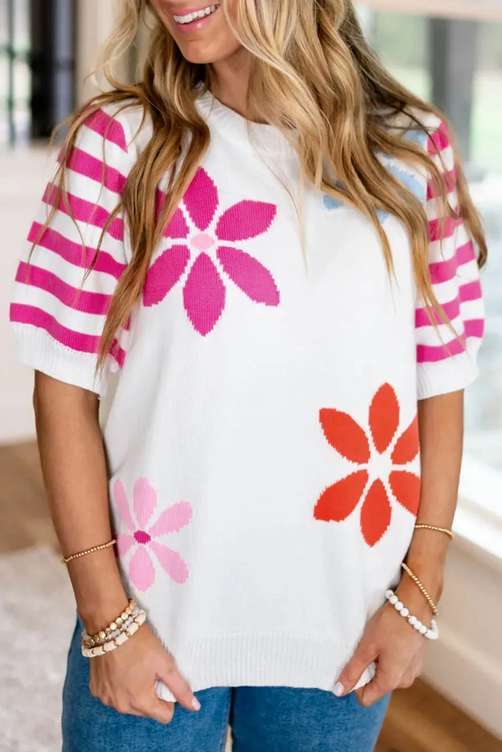 White Floral Pattern Striped Sleeve Sweater T Shirt - Chic Meadow Boutique 