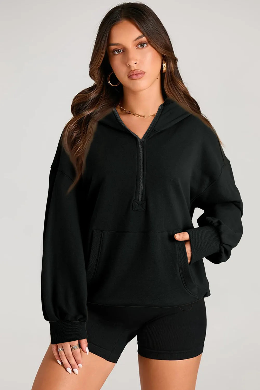 Black Solid Kangaroo Pocket Half Zipper Oversized Hoodie - Chic Meadow Boutique 