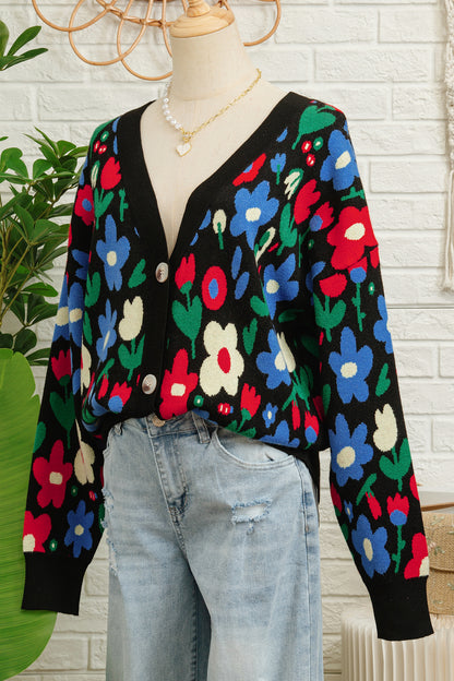 Black Floral Print V Neck Buttoned Short Cardigan Sweater