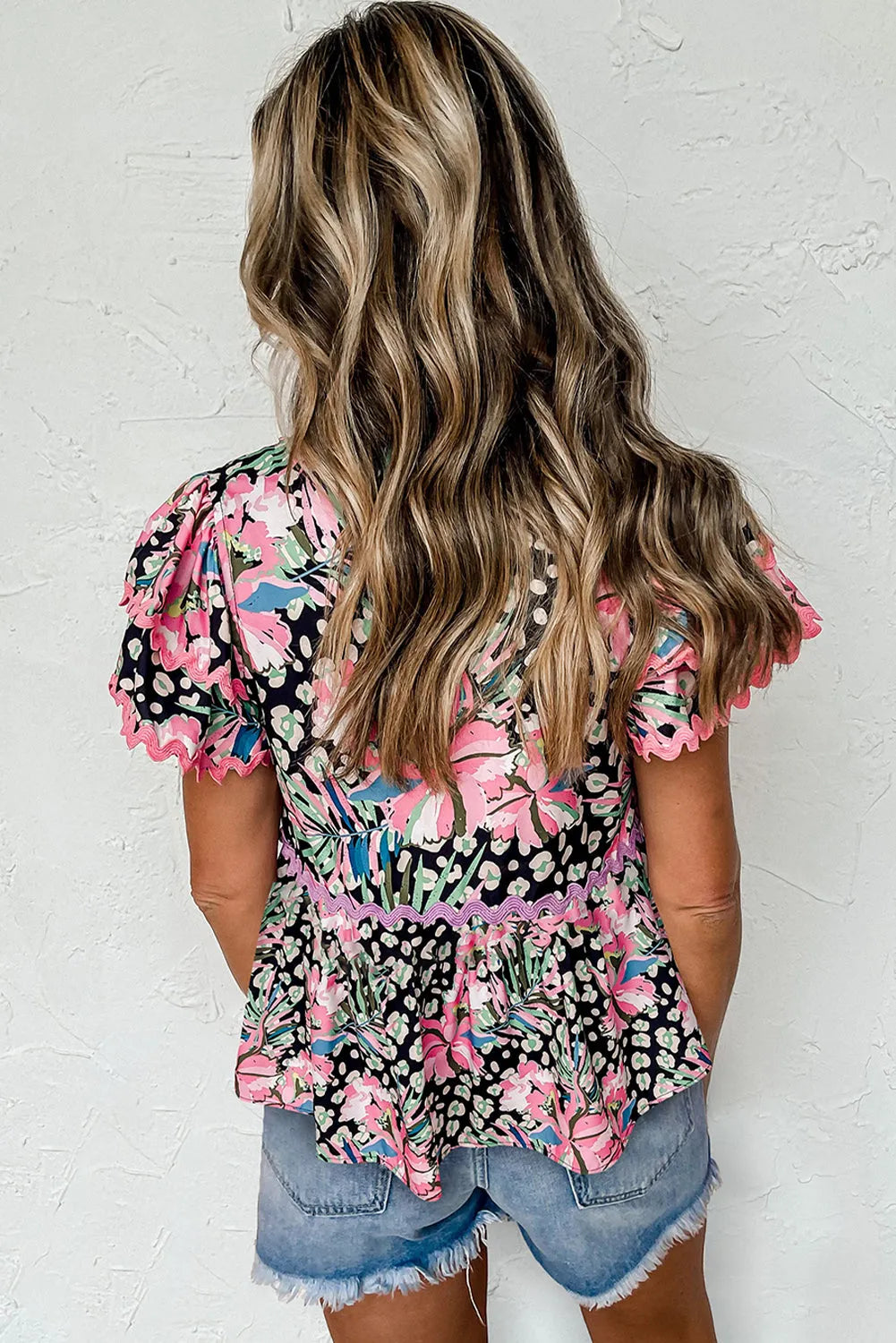 Pink Ricrac Floral Tiered Short Sleeve Blouse - Chic Meadow Boutique 