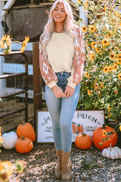 Tops/Long Sleeve Tops Apricot Western Print Patch Long Sleeve Top