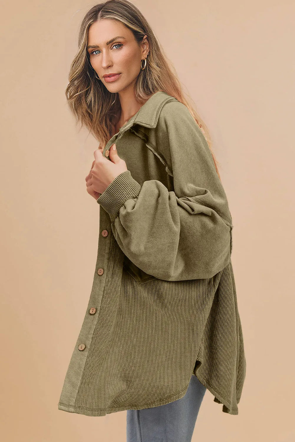 Moss Green Waffle Knit Patchwork Buttoned Oversized Shacket - Chic Meadow Boutique 