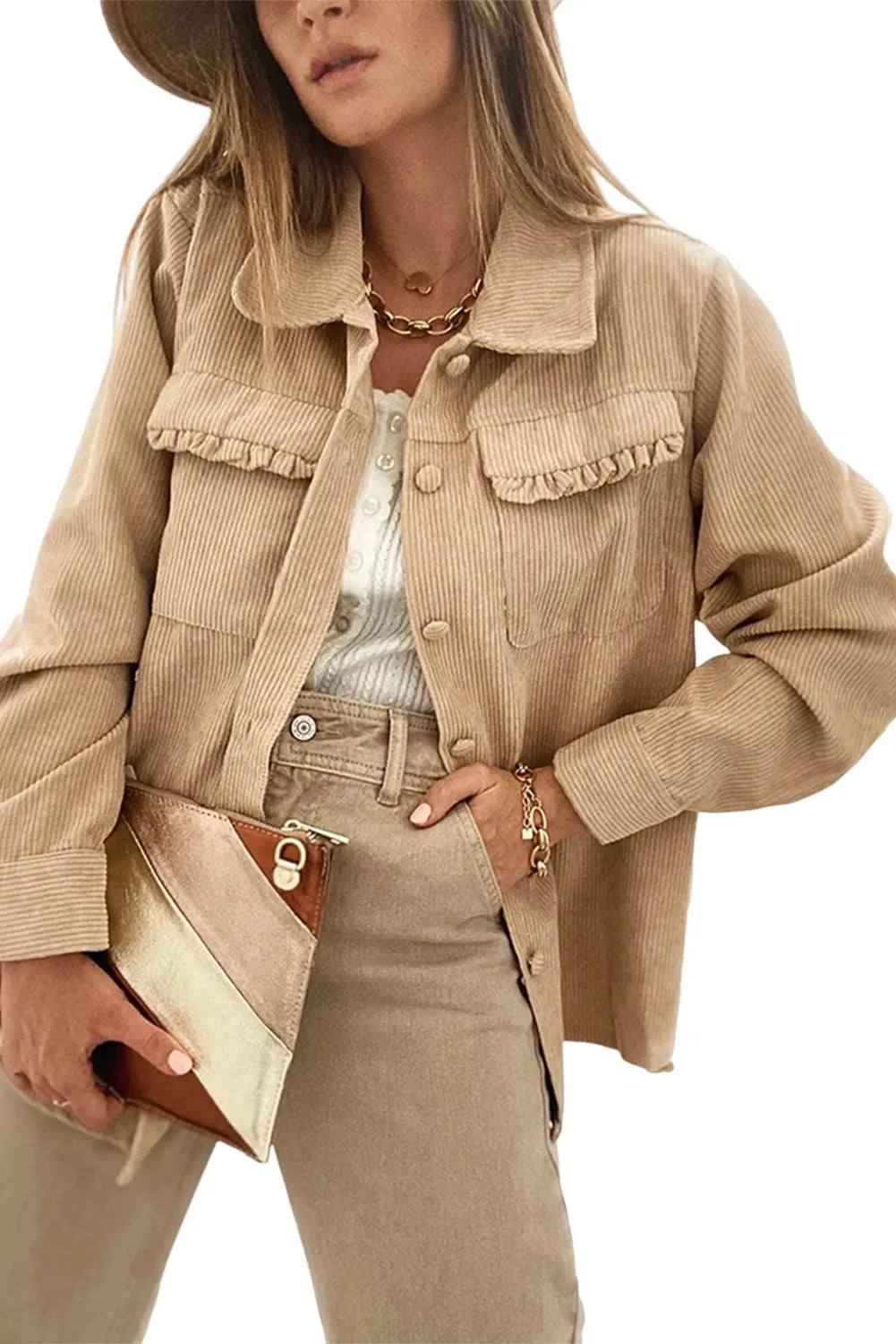 Light French Beige Solid Frilled Flap Pocket Button Up Corduroy Shacket - Chic Meadow Boutique 