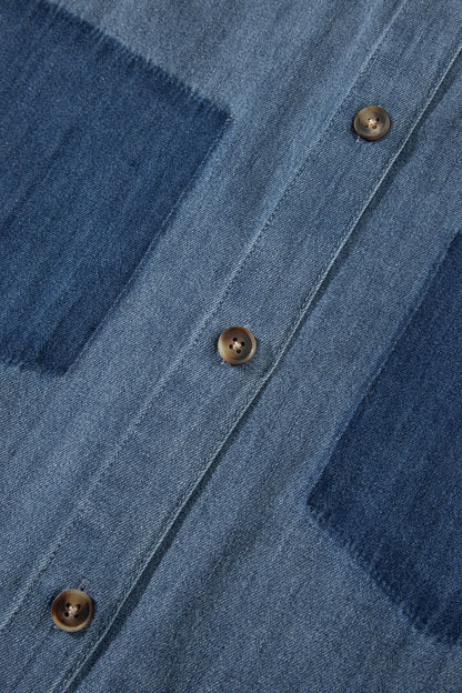 Sky Blue Color Block Pocket Detail Casual Button Down Denim Shirt