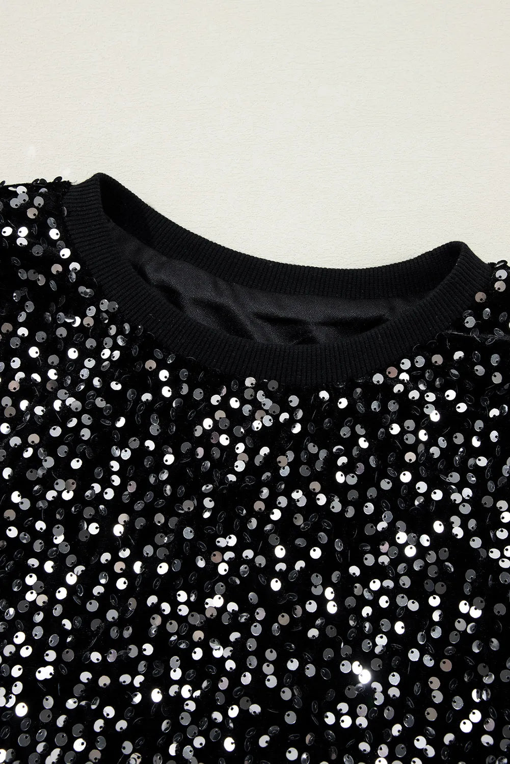 Black Sequined Long Sleeve Crew Neck Cropped Blouse - Chic Meadow Boutique 