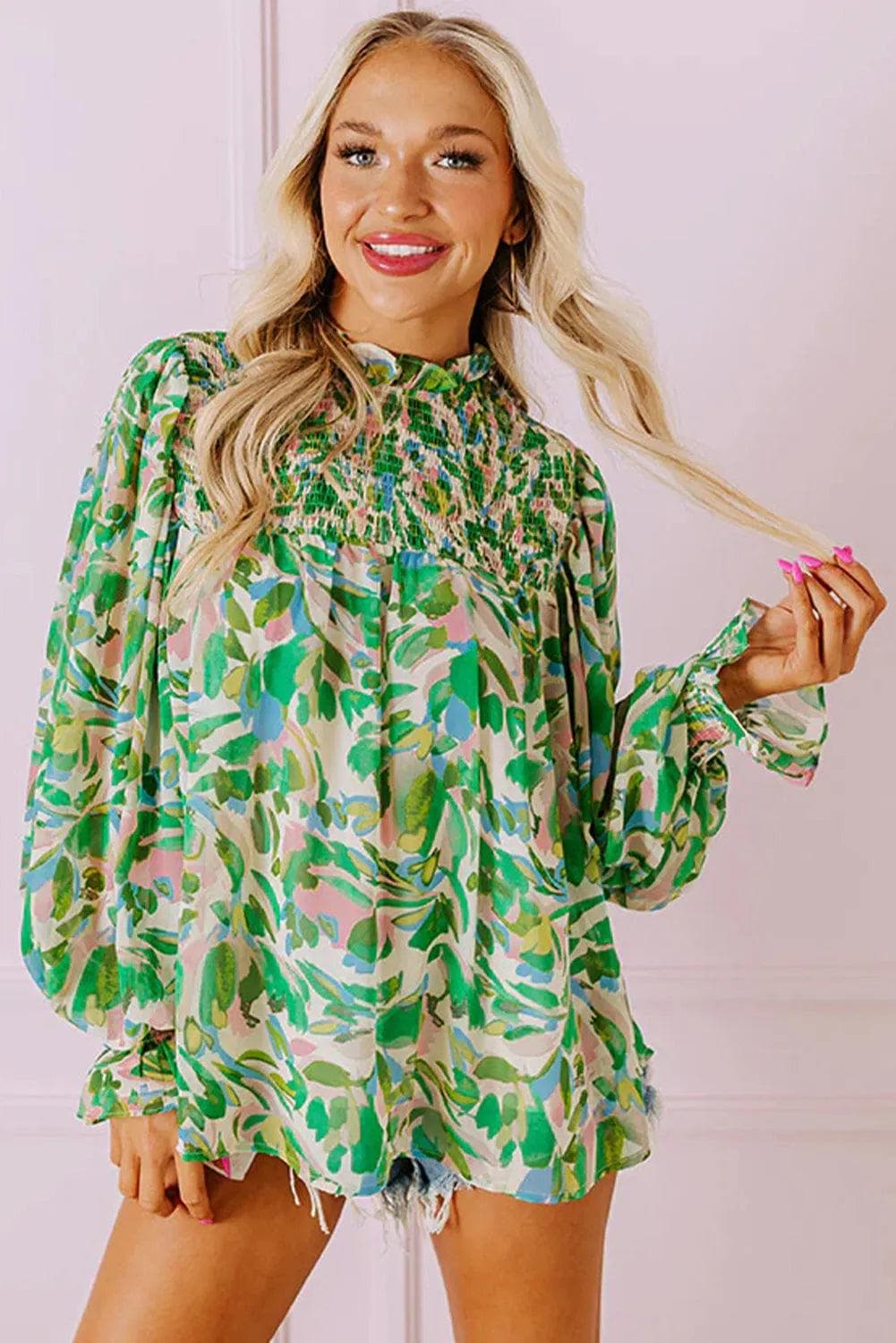 Tops/Blouses & Shirts Green Leafy Printed Flounce Sleeve Shirred Mock Neck Blouse