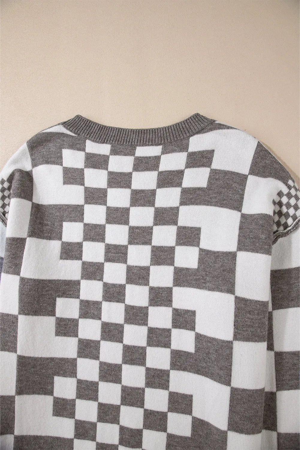 Gray Checkered Print Drop Shoulder Round Neck Sweater - Chic Meadow Boutique 