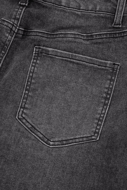 Dark Grey Irregular Distressed Bottom Denim Midi Skirt