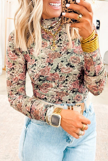 White Retro Floral Print Mock Neck Mesh Long Sleeve Top