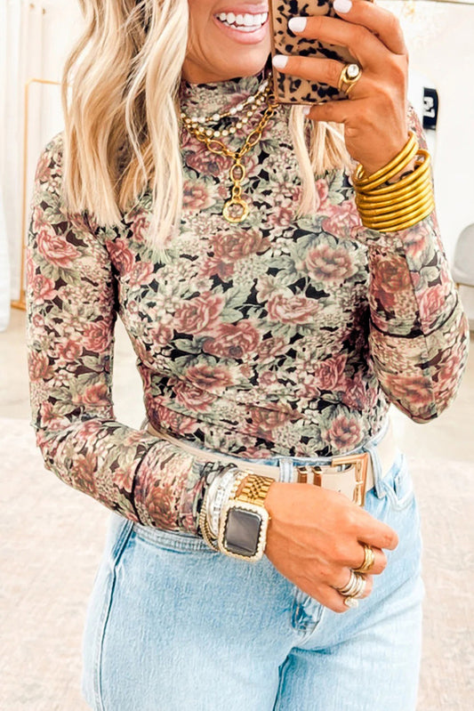 White Retro Floral Print Mock Neck Mesh Long Sleeve Top