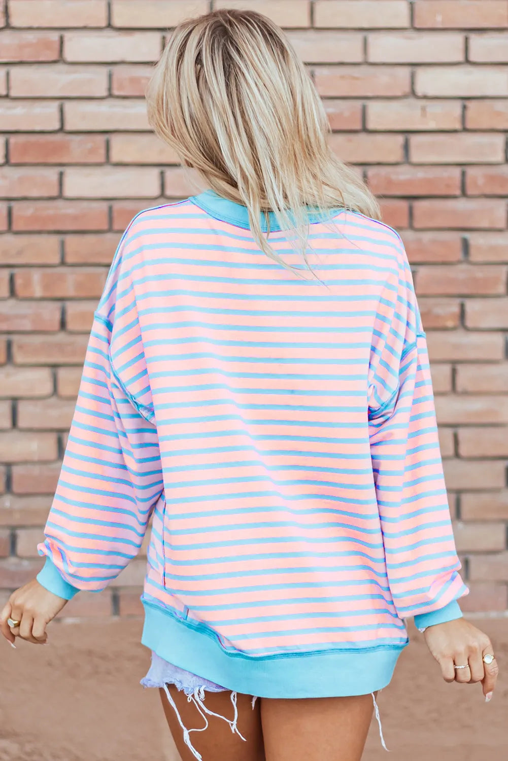 Pink Stripe Contrast Trim High Low Pullover Tunic Sweatshirt - Chic Meadow Boutique 