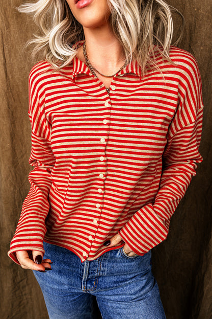 Red Stripe Striped Button Collar Long Sleeve Knit Cardigan
