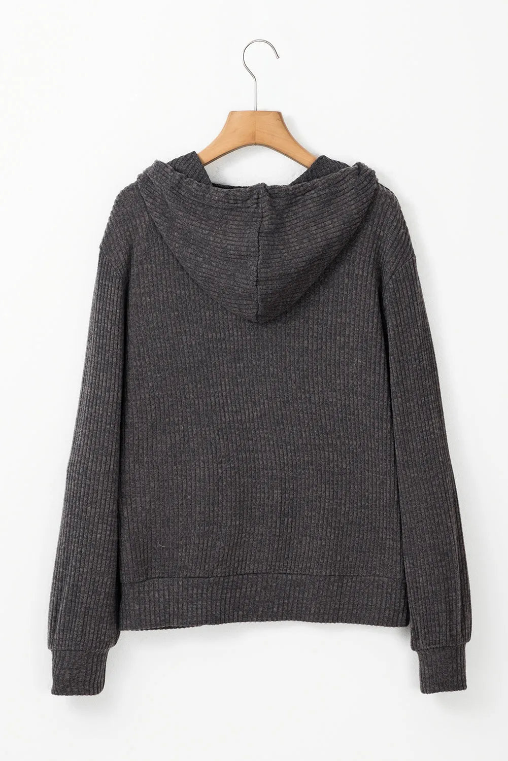 Dark Grey Ribbed Zip Up Front Drawstring Hoodie - Chic Meadow Boutique 