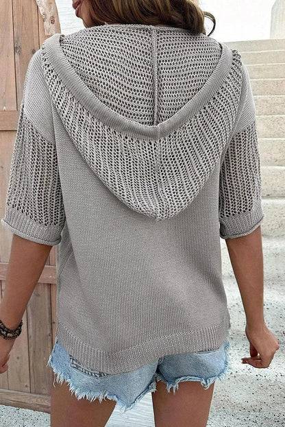 Sweaters & Cardigans/Short Sleeve Sweaters Light Grey Openwork Drawstring Hooded Short Sleeve Sweater Top