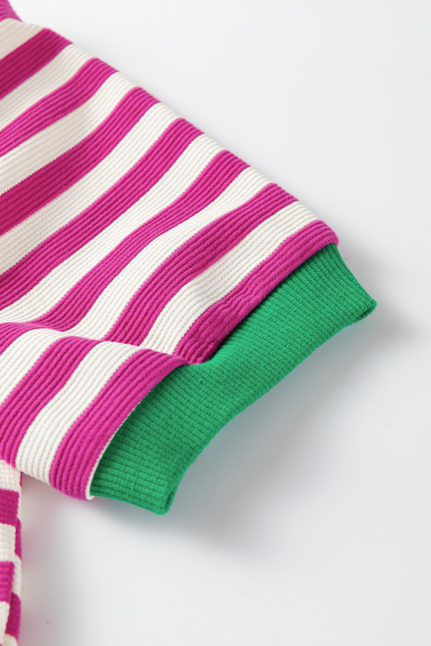 Rose Stripe Short Puff Sleeve Contrast Trim Round Neck Tee