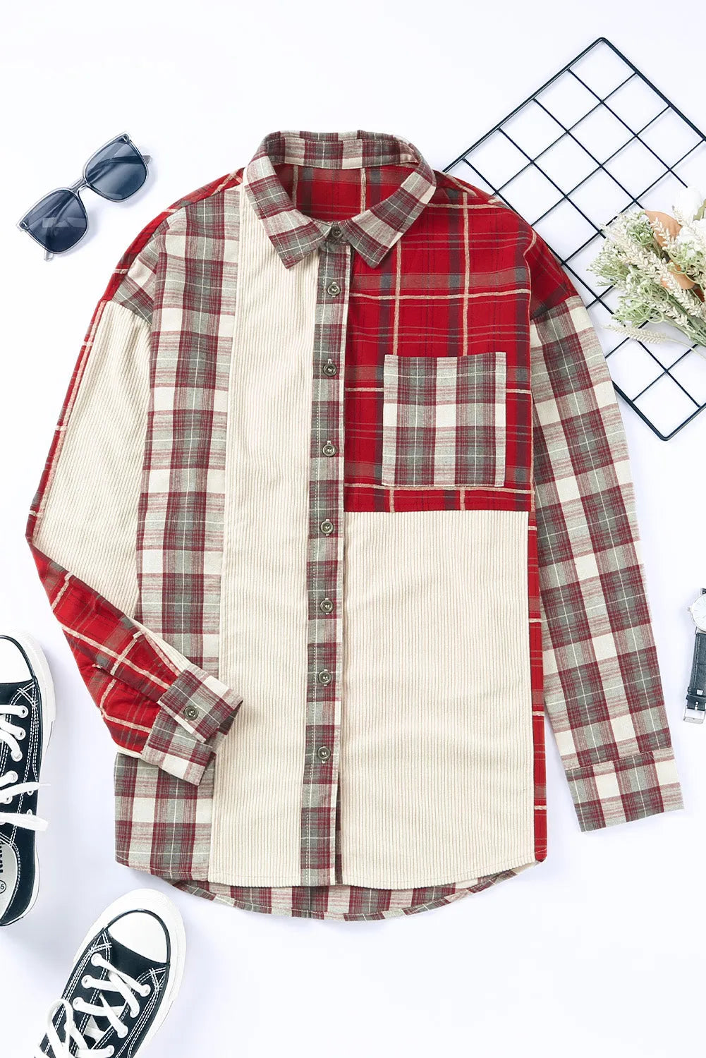 Plaid Corduroy Patchwork Shacket - Chic Meadow Boutique 