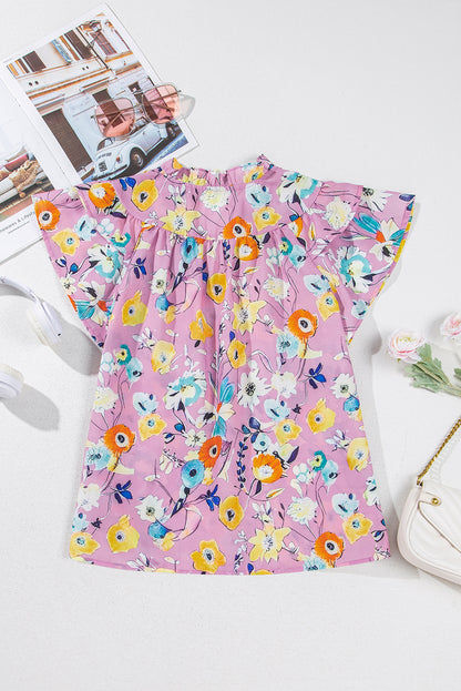 Pink Flutter Sleeve V Neck Floral Top