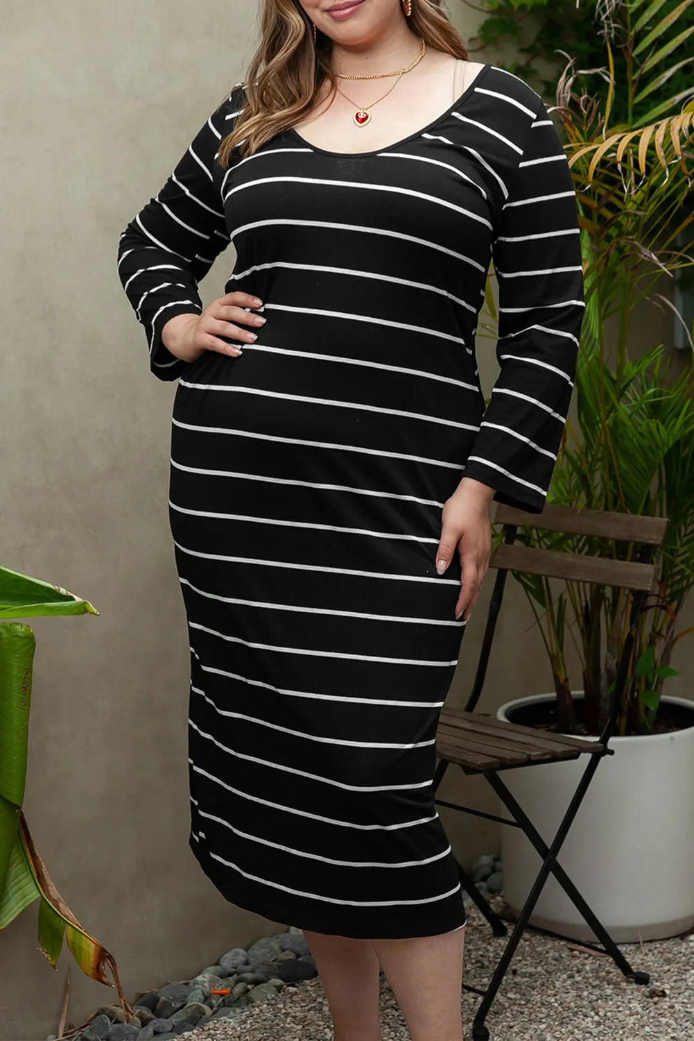 Black Plus Size Striped Loose Long Shift Dress - Chic Meadow Boutique 