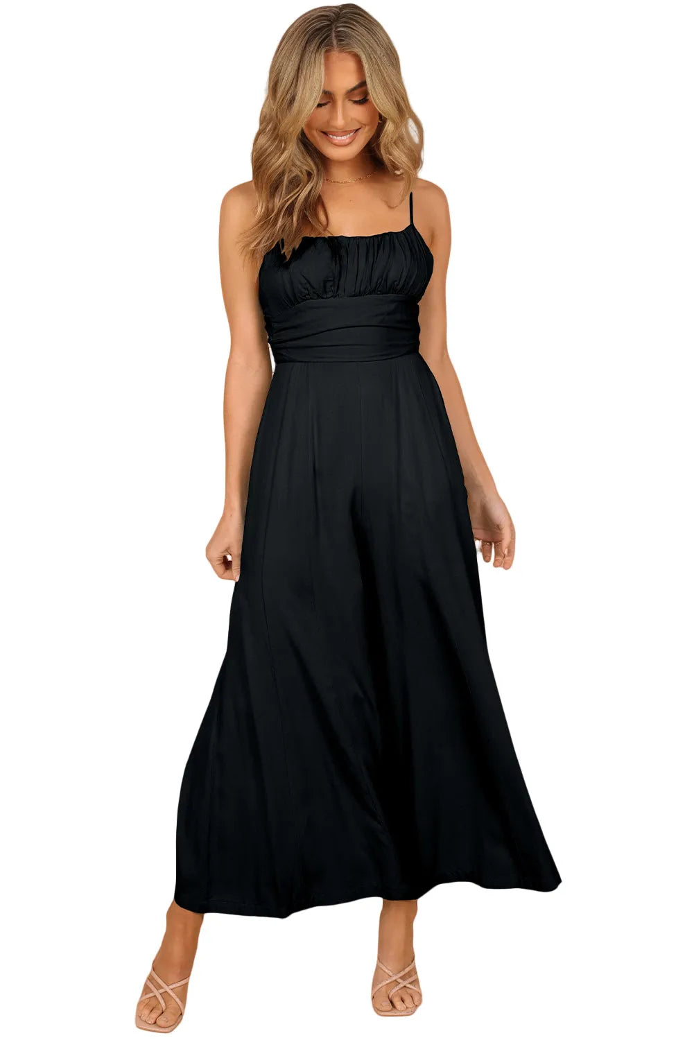 Black Spaghetti Straps Backless Knot Wide-Leg Jumpsuit - Chic Meadow Boutique 