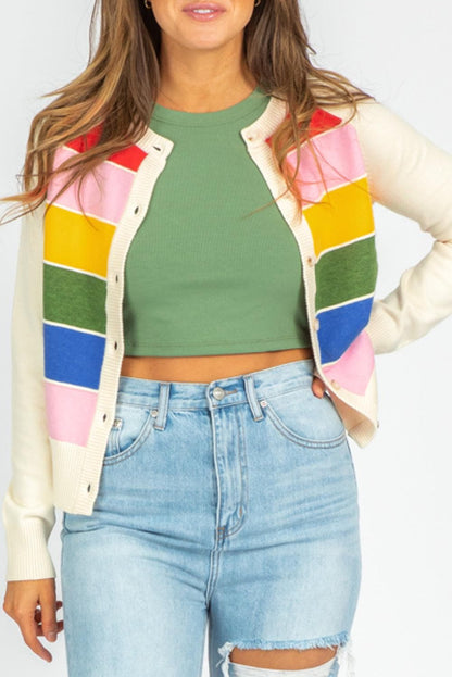 Sweaters & Cardigans/Cardigans White Stripe / S / 50%Viscose+28%Polyester+22%Polyamide White Stripe Colorful Pattern Button Front Sweater Cardigan