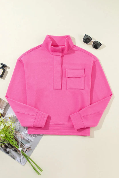 Bright Pink Vintage Mineral Wash Half Button Collared Sweatshirt - Chic Meadow Boutique 