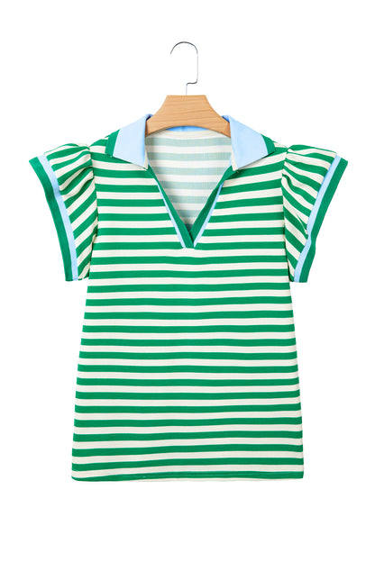 Green Stripe Contrast Trim Polo Collar Ruffled Short Sleeve Blouse