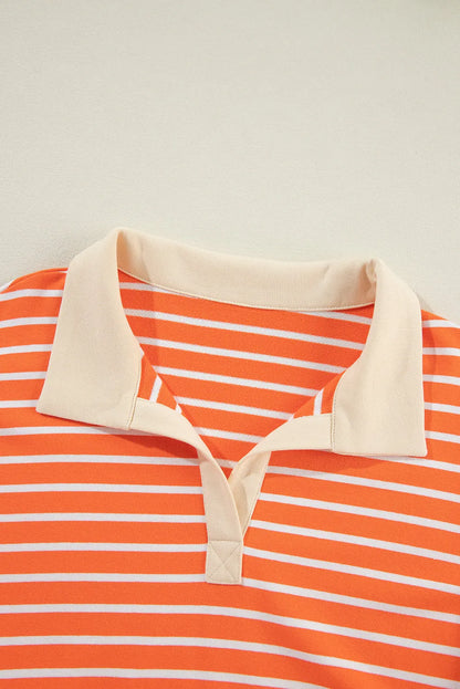 Orange Stripe Color Block Loose Fit Collared Drop Shoulder Sweatshirt - Chic Meadow Boutique 