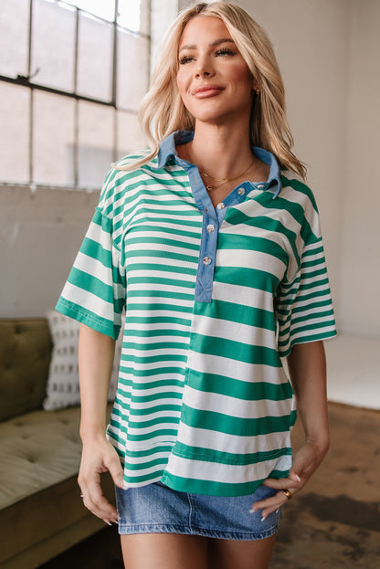 Green Stripe Colorblock Collar Half Buttons T Shirt