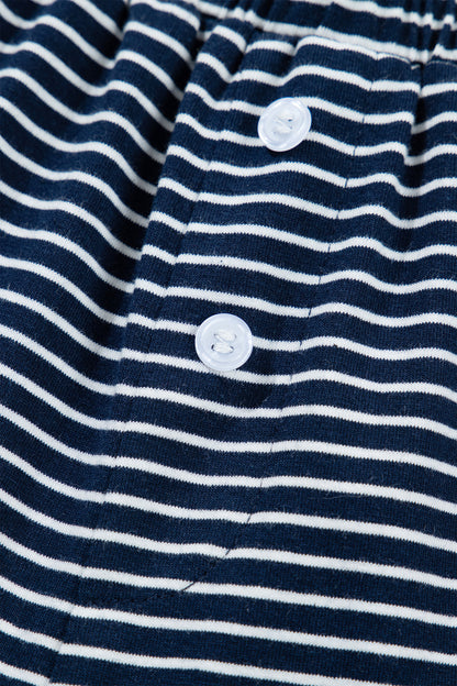 Blue Stripe Drop Shoulder Round Neck Long Sleeve Tee and Buttoned Shorts 2pcs Lounge Set