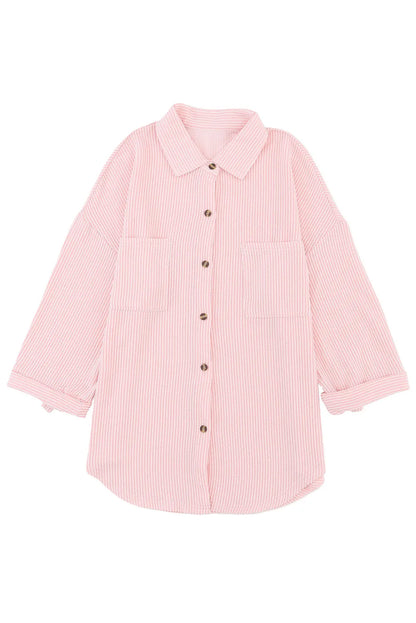 Pink Roll Tab Sleeve Ribbed Cording Shacket - Chic Meadow Boutique 