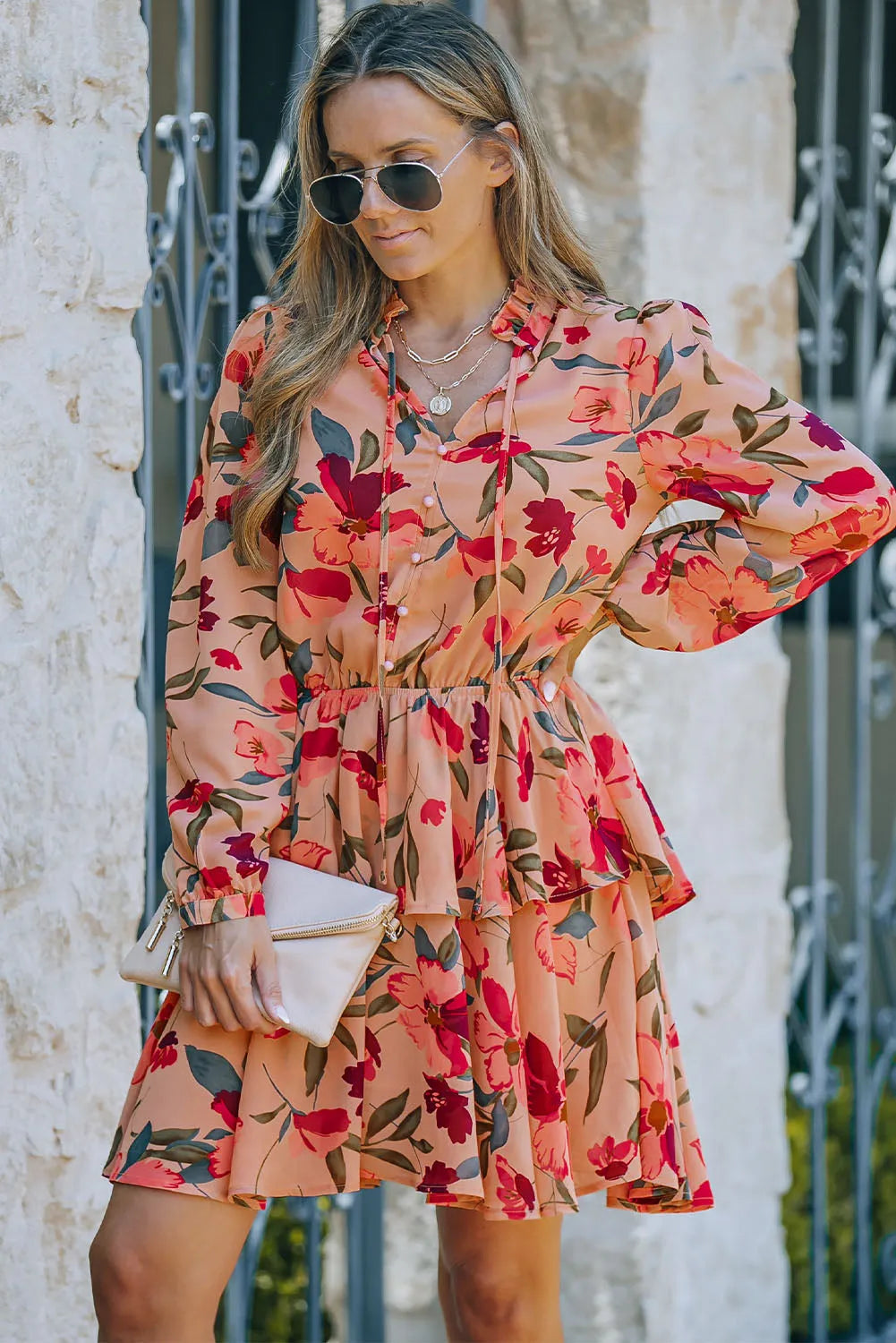 Fiery Red Frilled Collar Long Sleeve Floral Dress with Ruffle - Chic Meadow Boutique 