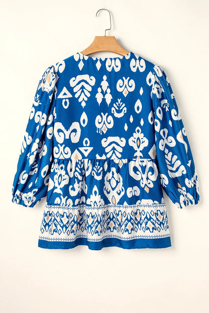 Blue Tribal Geometric Print 3/4 Sleeve Flowy Fit Blouse - Chic Meadow Boutique 