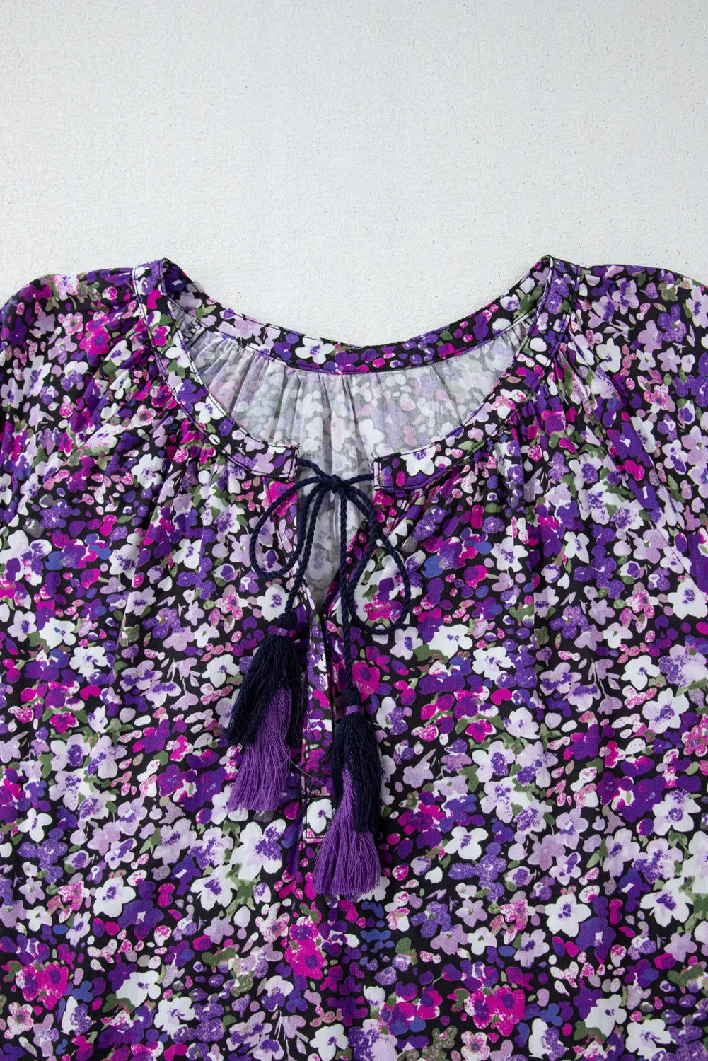 Purple Boho Flower Split V Neck Bubble Sleeve Blouse - Chic Meadow Boutique 