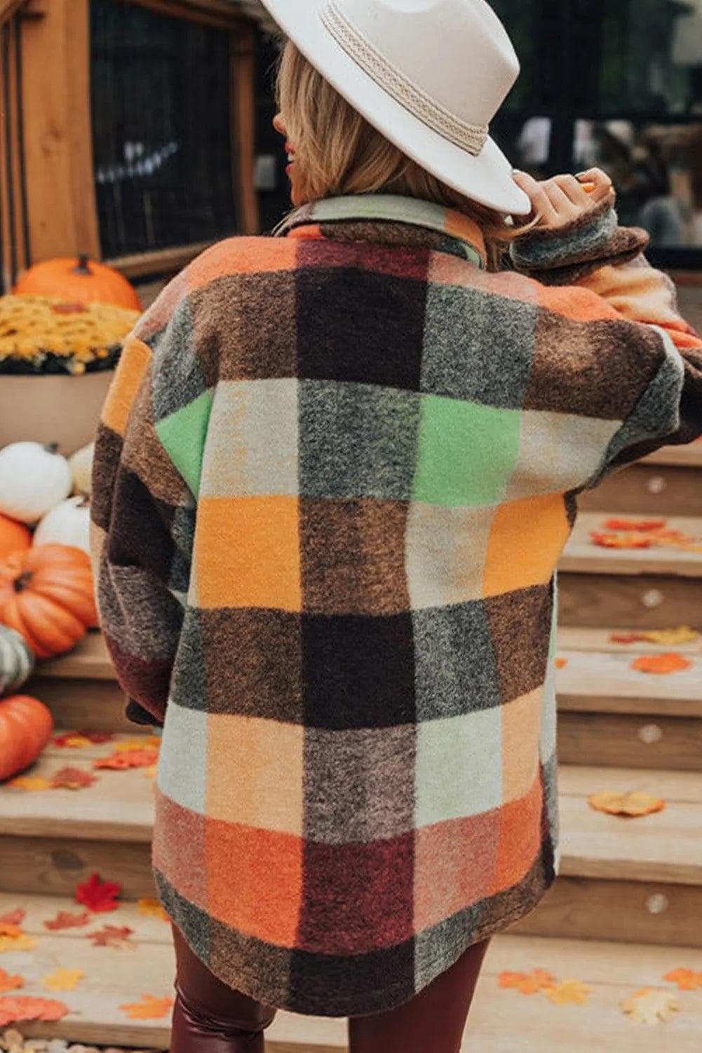 Outerwear/Jackets Orange Plaid Print Flap Pocket Long Jacket