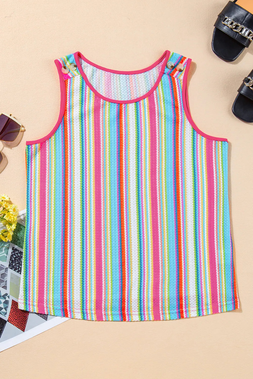 Rose Stripe Rainbow Eyelet Knit Button Decor Tank Top - Chic Meadow Boutique 