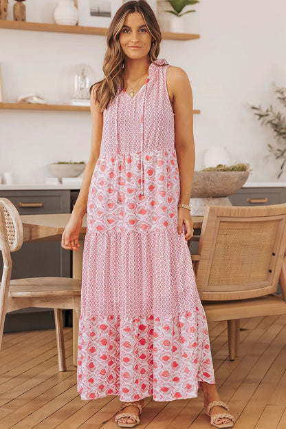 Pink Abstract Print Split Neck Sleeveless Maxi Dress - Chic Meadow Boutique 