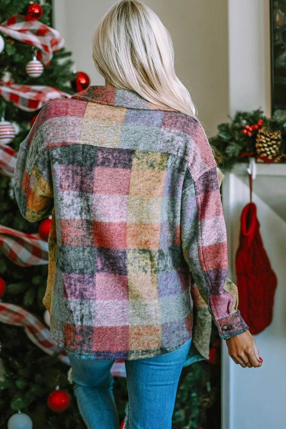 Multicolor Brushed Plaid Pocketed Oversize Shacket - Chic Meadow Boutique 