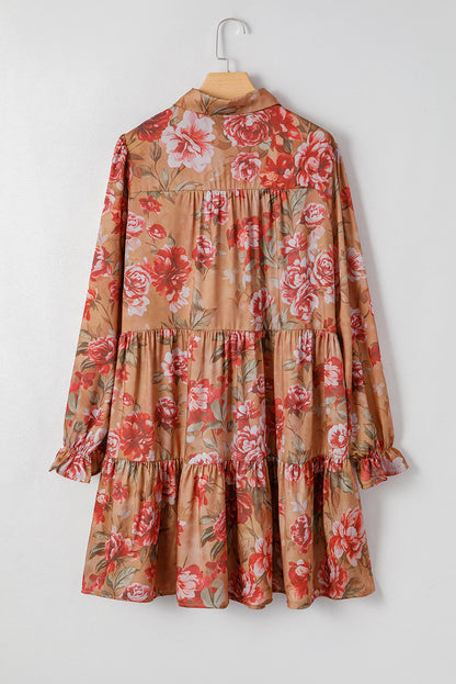 Brown Vintage Floral Print Shirt Style Half Button Long Sleeve Ruffle Mini Dress