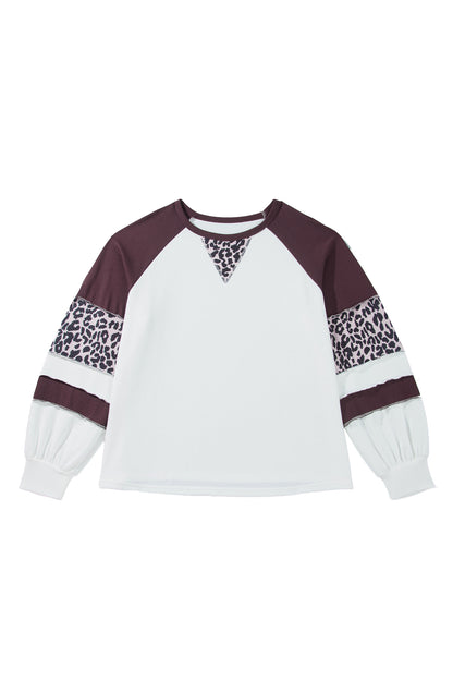 Beige Leopard Print Colorblock Round Neck Long Sleeve Plus Size Blouse