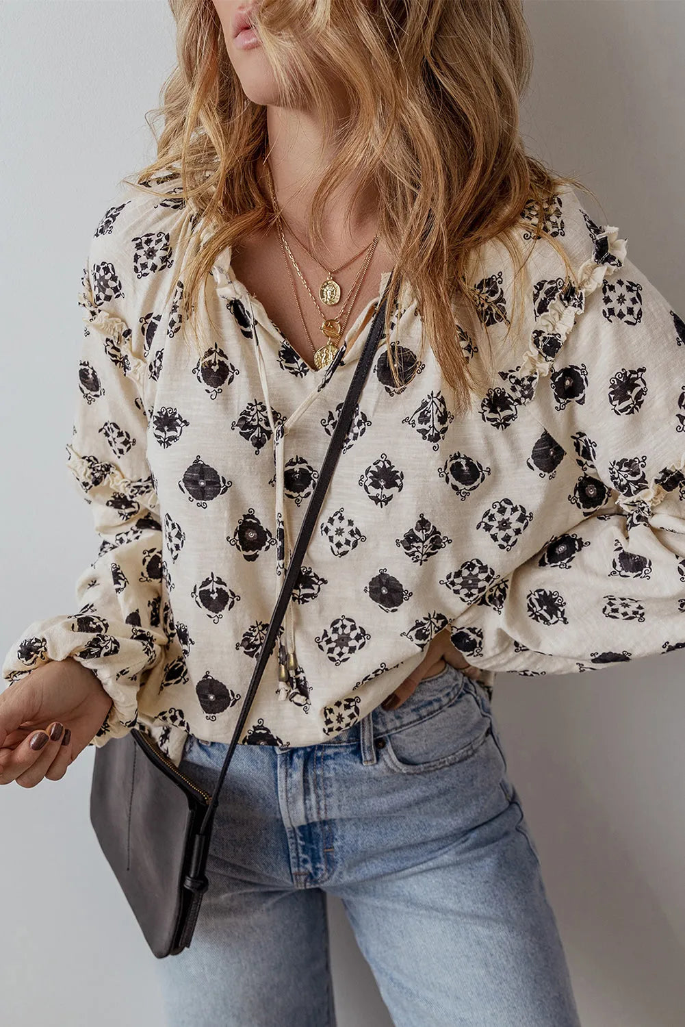 White Printed Split Neck Bubble Sleeve Loose Blouse - Chic Meadow Boutique 