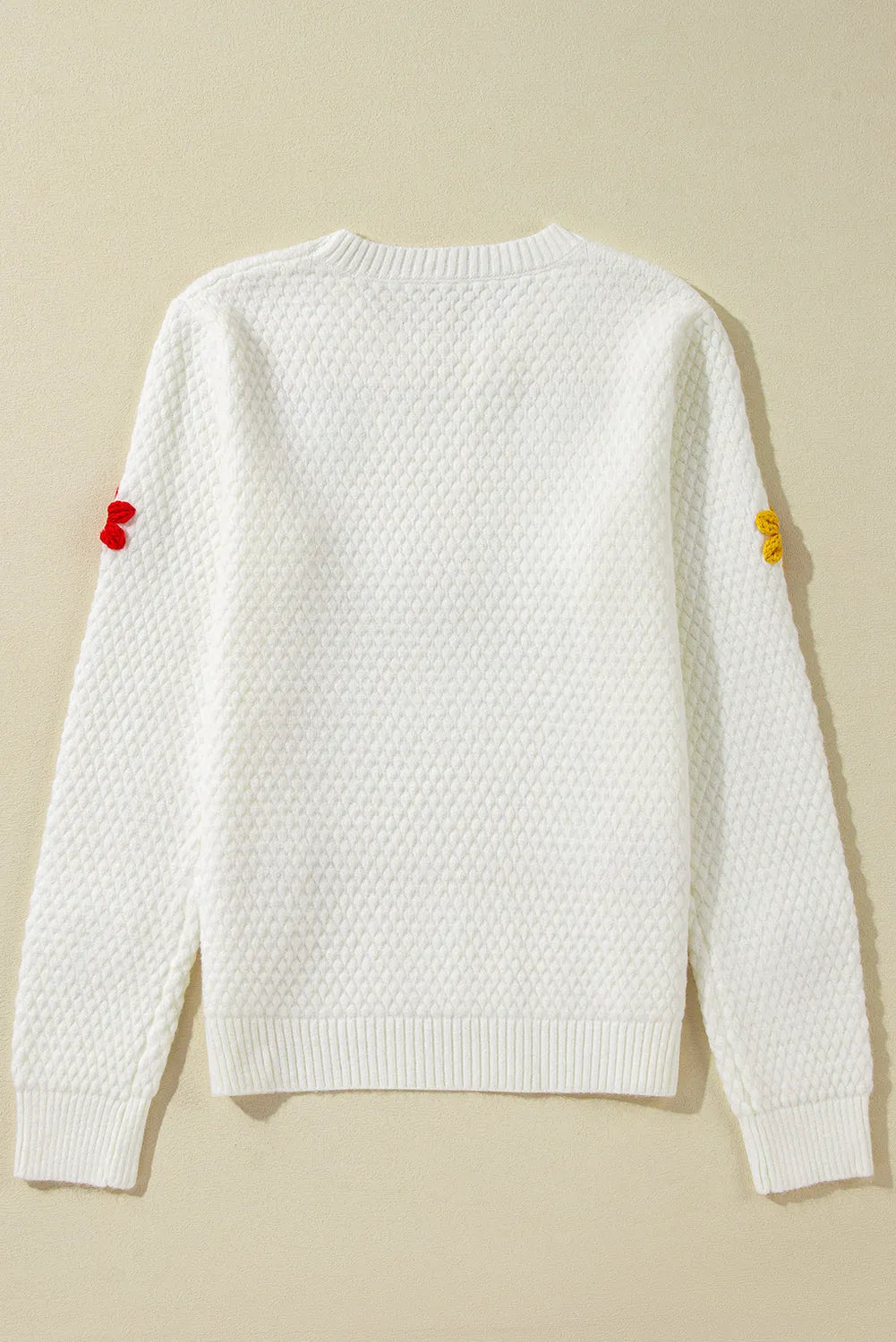 White Colorful Flower Applique Textured Knit Sweater - Chic Meadow Boutique 