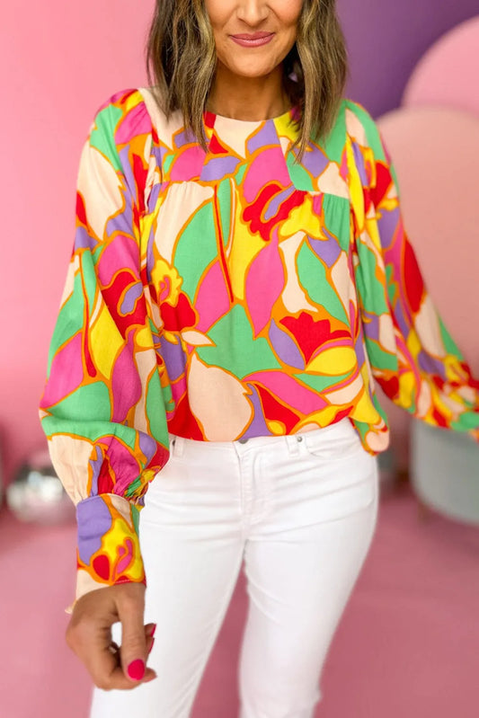 Tops/Blouses & Shirts Yellow / S / 100%Polyester Yellow Abstract Print Puff Sleeve Blouse